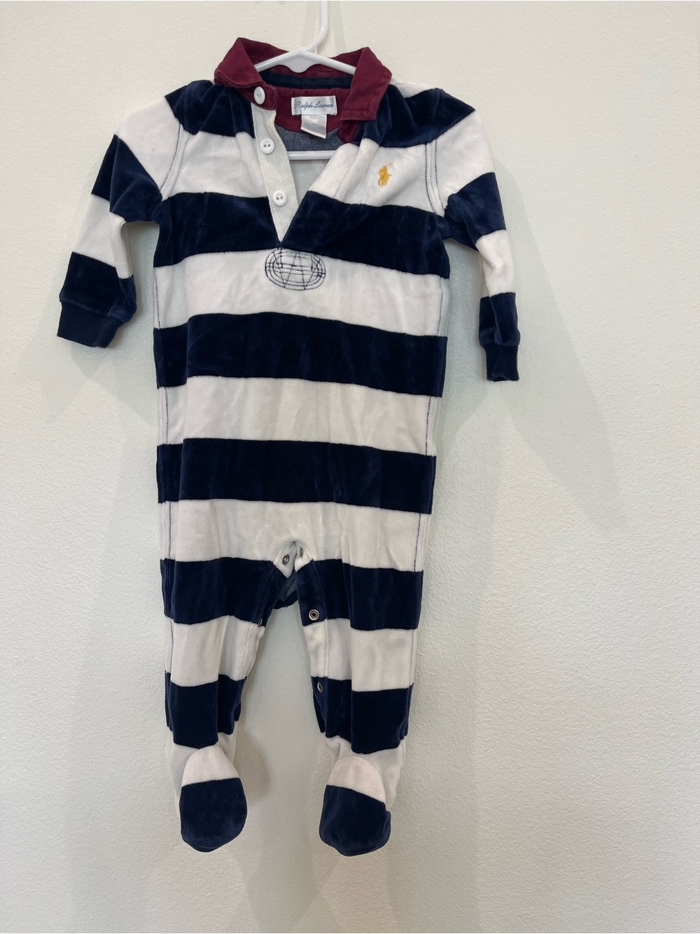 Ralph Lauren Navy and White Striped Footed One-Piece with Burgundy Collar